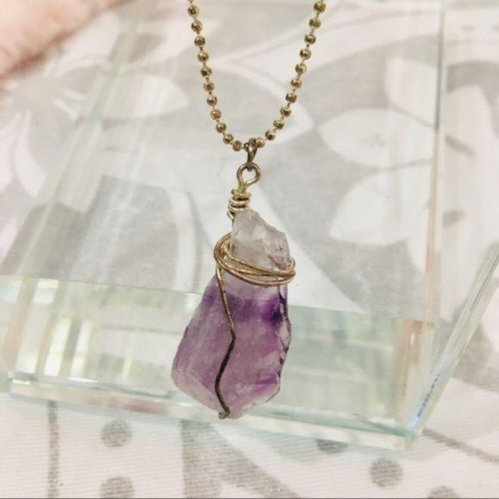 Raw amethyst shard on Silver long chain